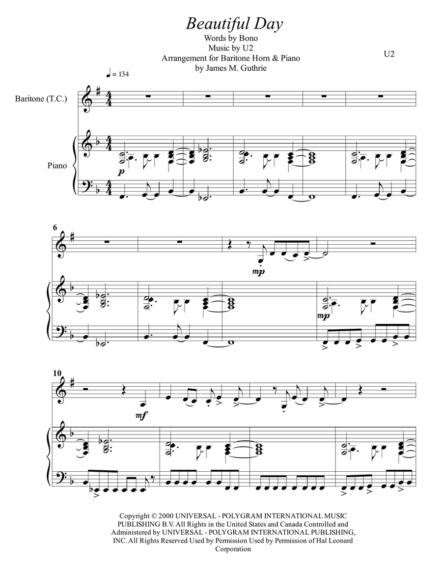 Beautiful Day by U2 Baritone Horn TC - Digital Sheet Music