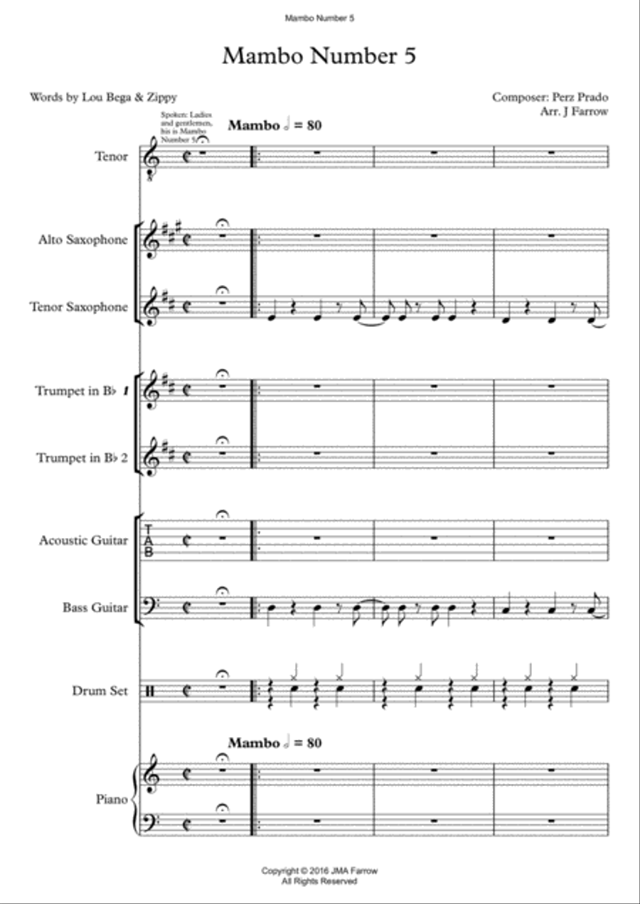 Mambo Number 5 by Perez Prado and Lou Bega Unison Choir scores gallery preview page 1