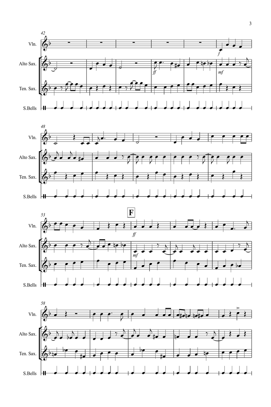 Jingle Bells (Jazzy Style!) for Violin, Alto and Tenor Saxophone Trio Small Ensemble scores gallery preview page 3