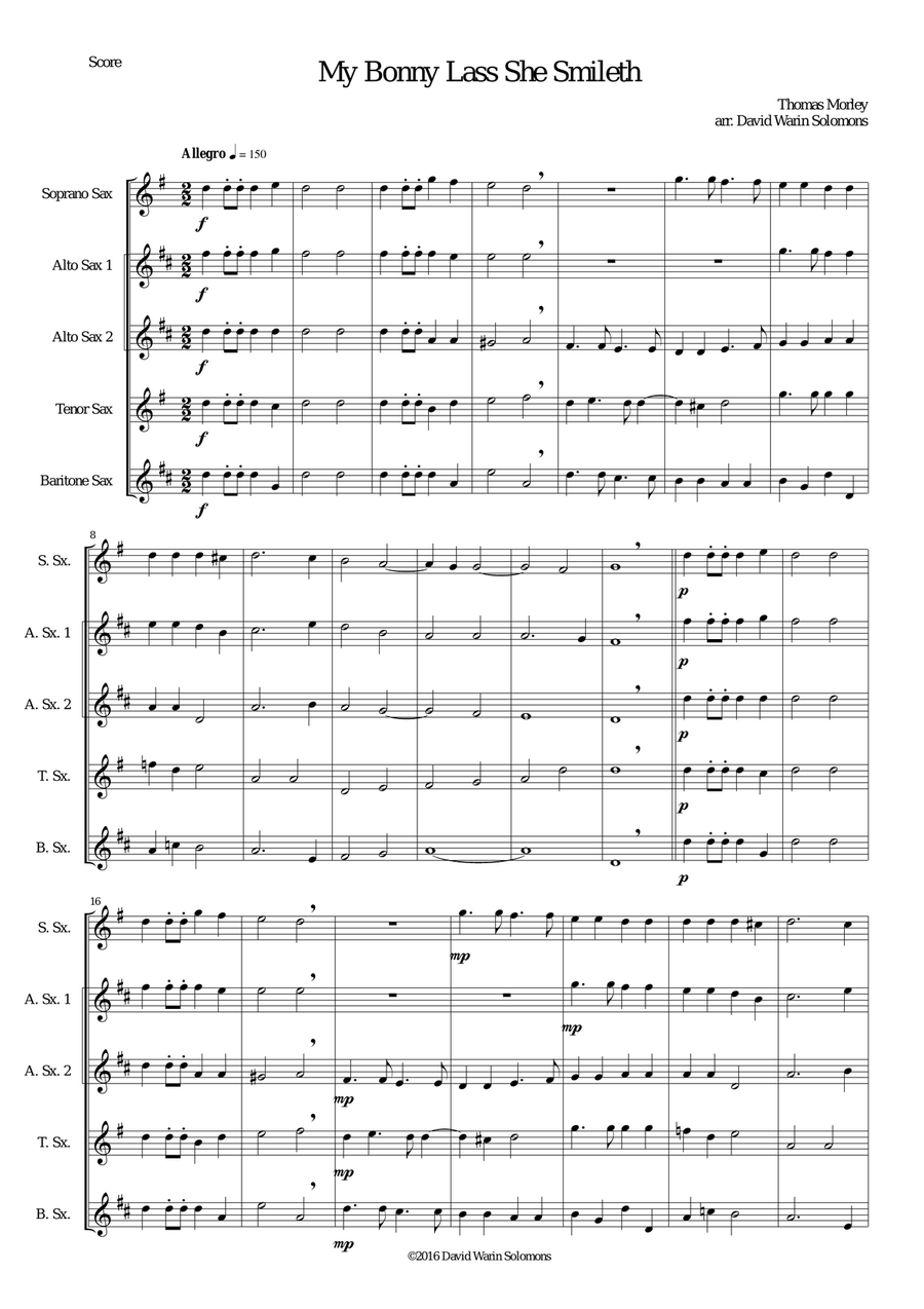 My bonny lass she smileth for saxophone quintet Saxophone Quintet scores gallery preview page 1