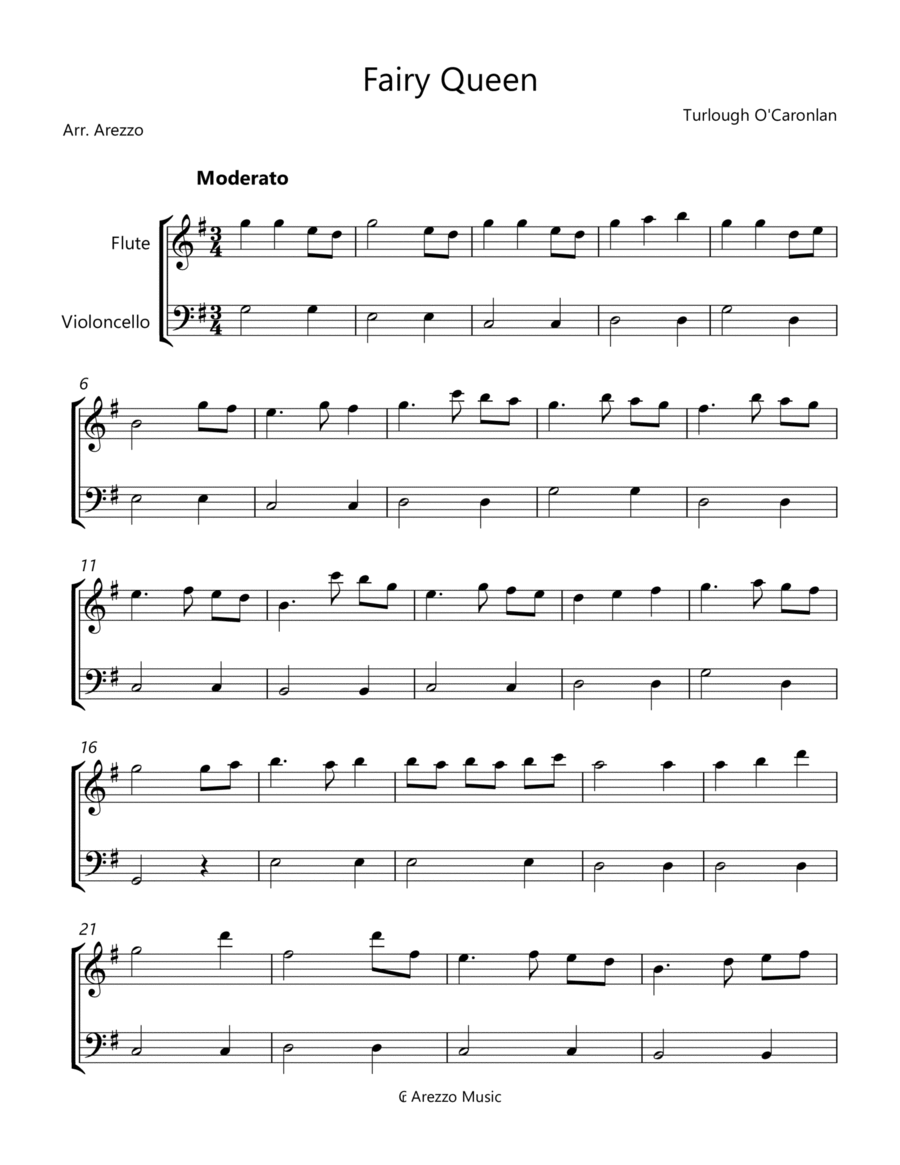 Fairy Queen - Flute and Cello - Turlough O' Carolan Flute scores gallery preview page 1