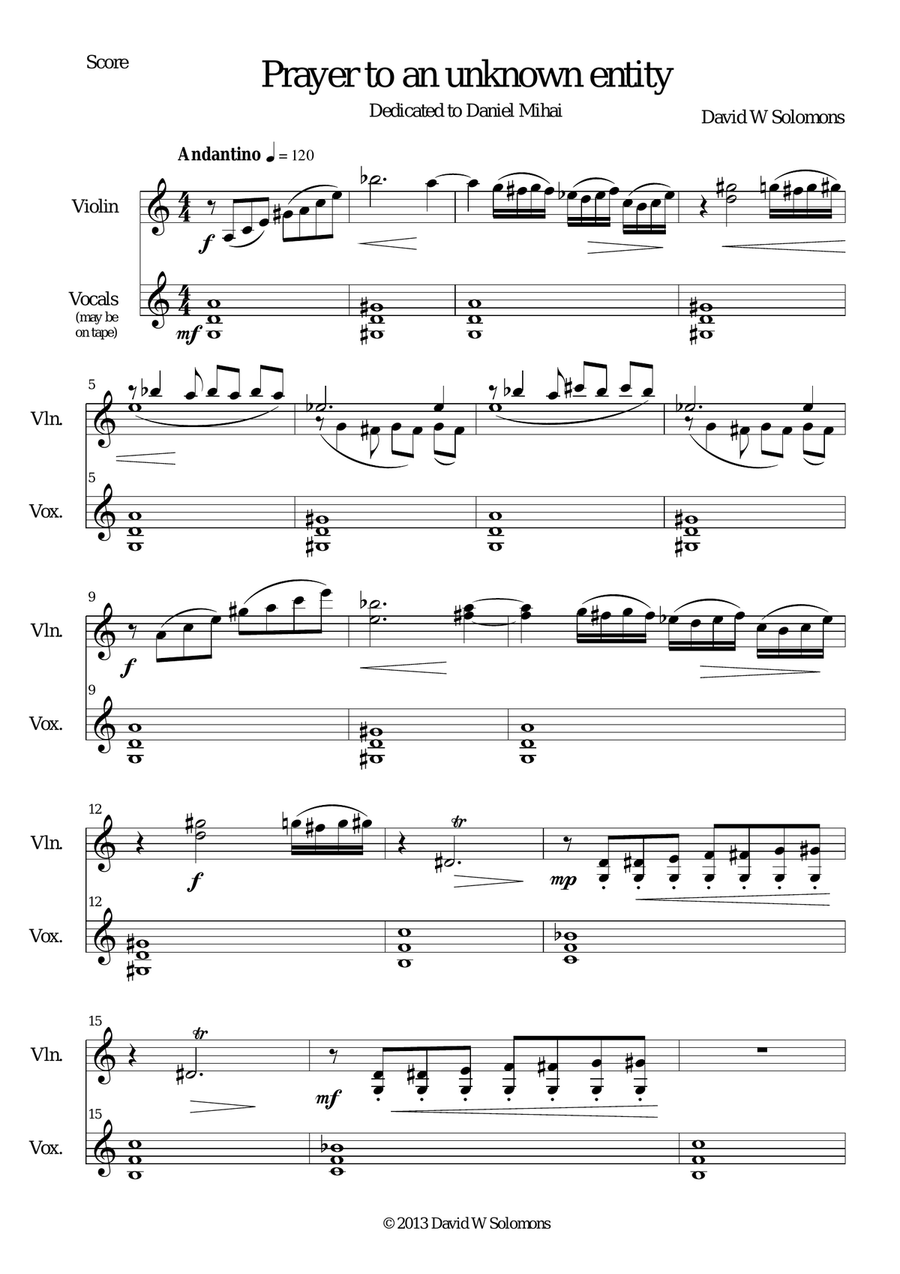Prayer to an unknown entity for violin and choral backing Choir scores gallery preview page 1