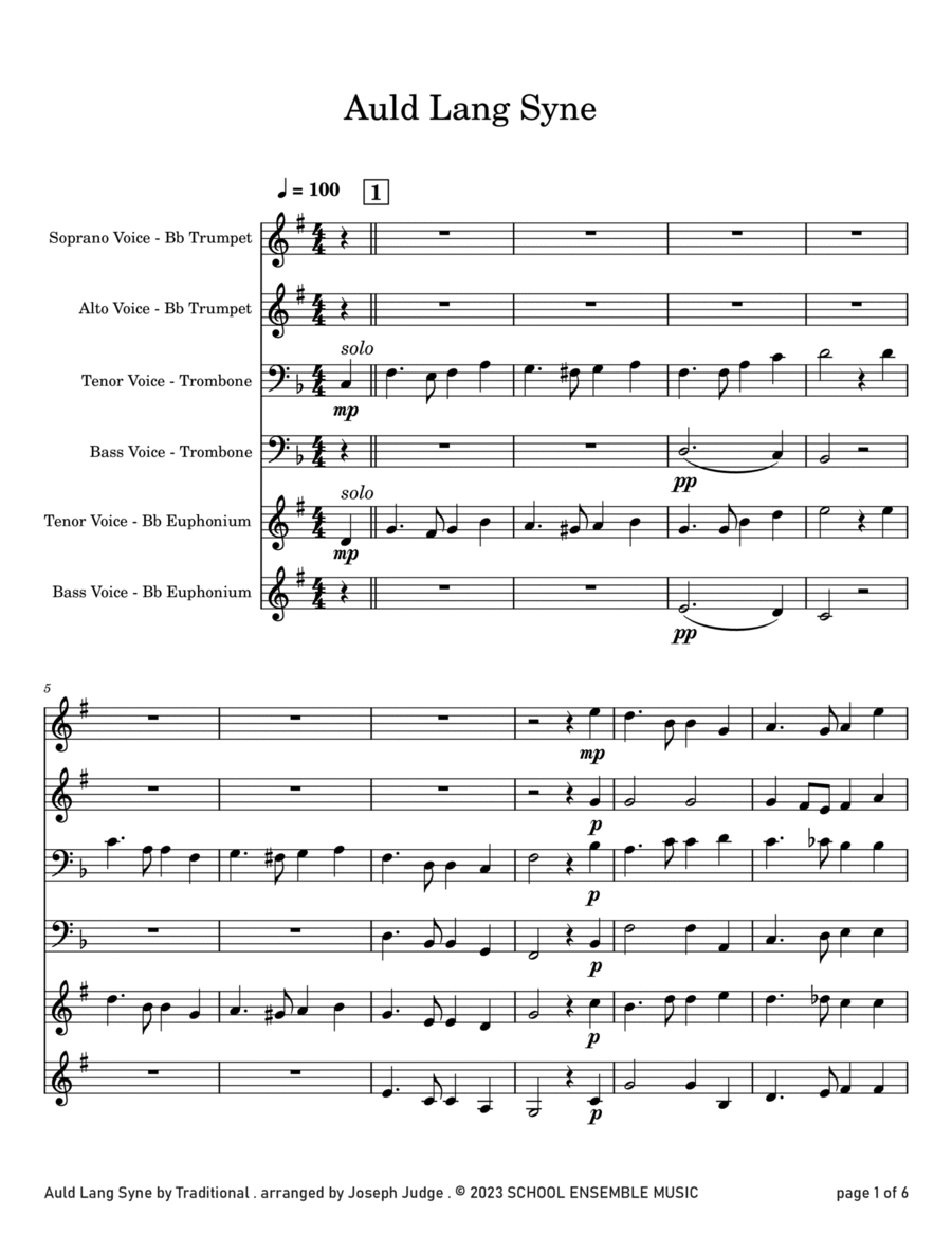 Auld Lang Syne for Brass Quartet in Schools Brass Quartet scores gallery preview page 1