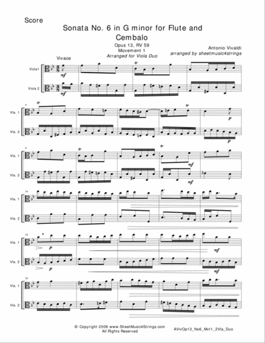 Vivaldi, A. - Sonata No. 6 Mvt. 1 for Two Violas String Duet scores gallery preview page 1