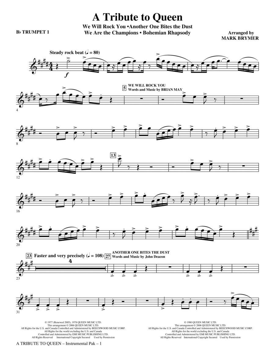 A Tribute To Queen (Medley) (arr. Mark Brymer) - Bb Trumpet 1 Choir scores gallery preview page 1