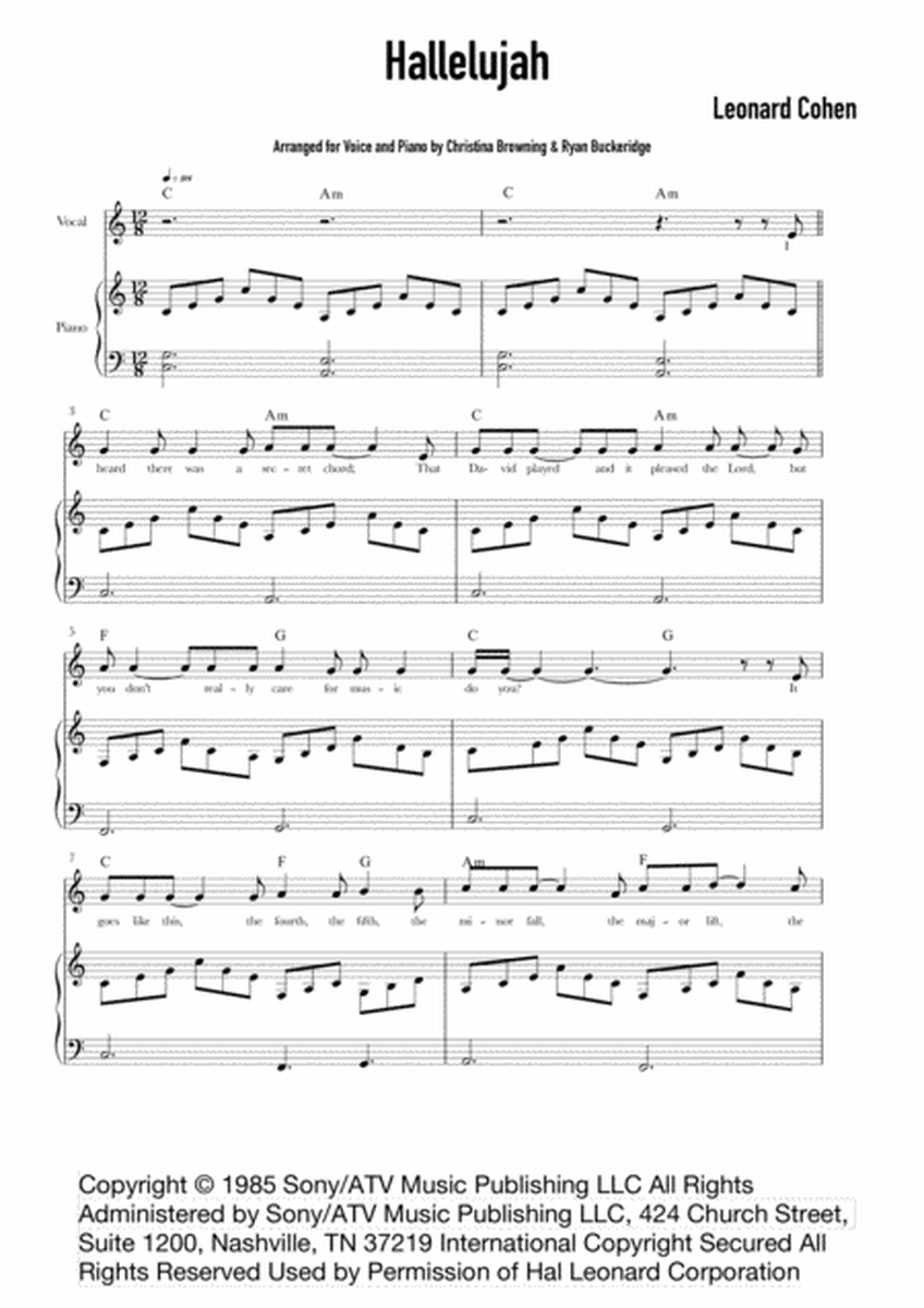 Hallelujah for Early Intermediate Voice with Piano Accompaniment, Parts and Lead sheet music by Leonard Cohen image number null