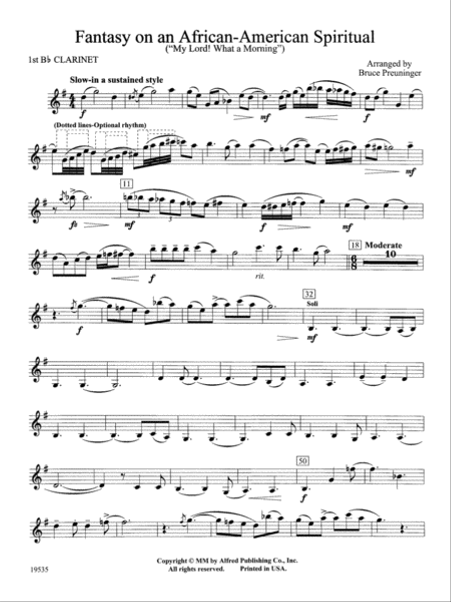 Fantasy on an African-American Spiritual: 1st B-flat Clarinet Concert Band scores gallery preview page 1