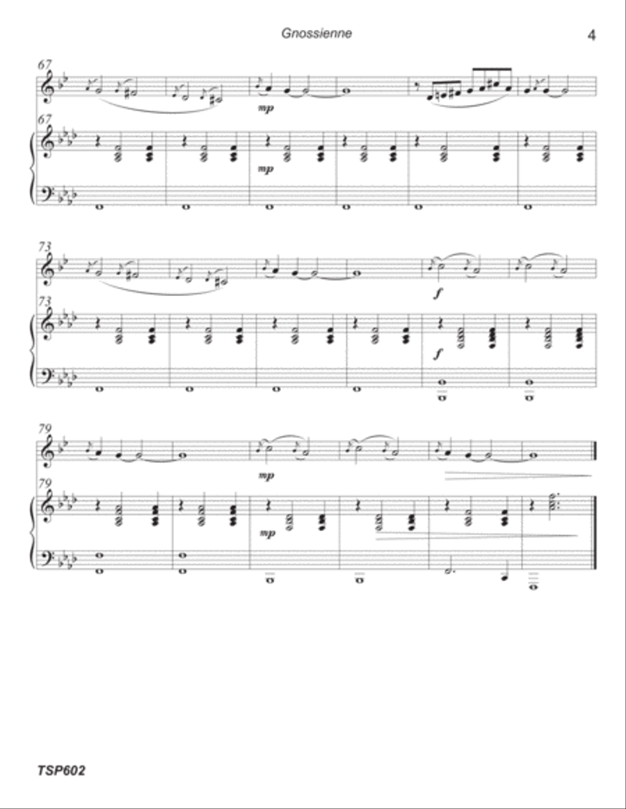 GNOSSIENNE - TRUMPET SOLO with PIANO ACCOMPANIMENT based on 3 Erik Satie Piano Solos. Trumpet Solo scores gallery preview page 4