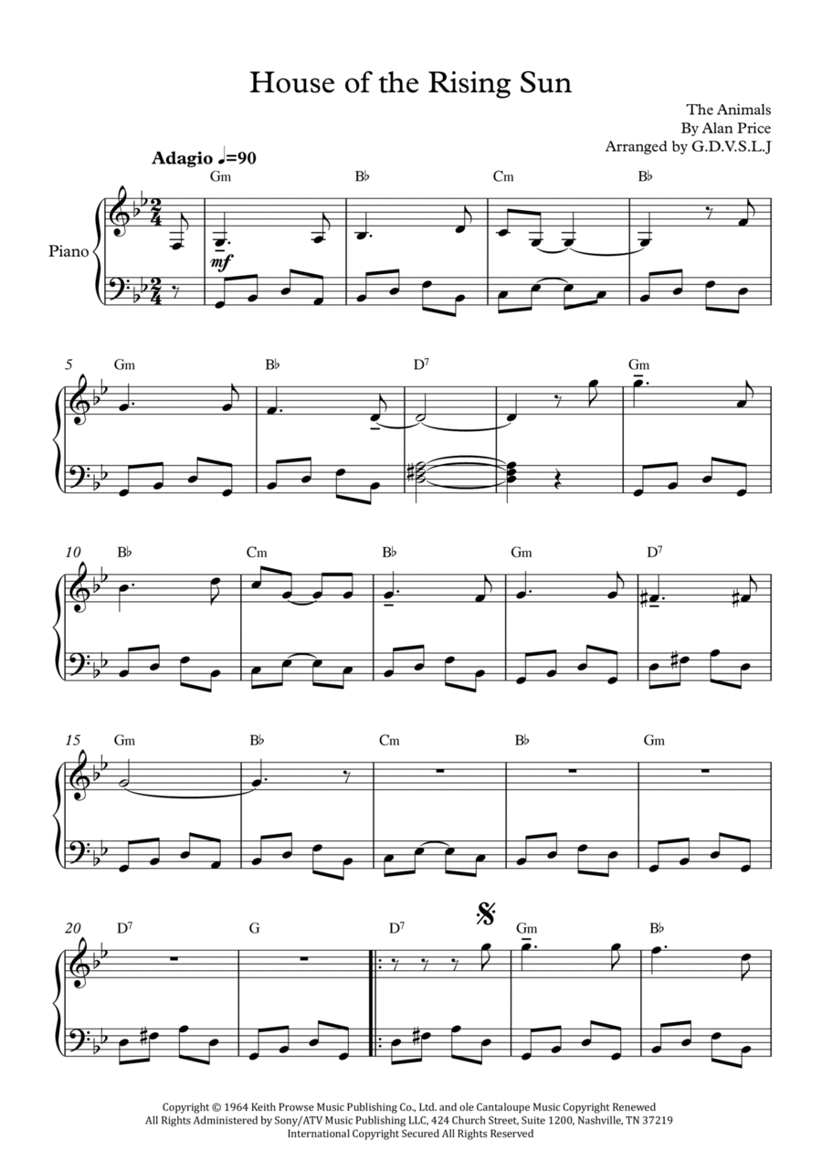 The House Of The Rising Sun Easy Piano scores gallery preview page 1