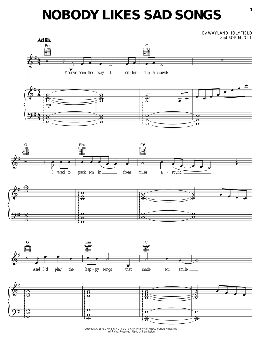 Nobody Likes Sad Songs Piano, Vocal, Guitar scores gallery preview page 1