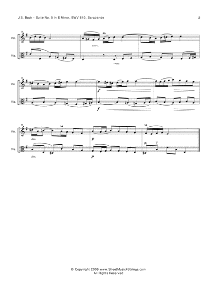 Bach, J.S. - Sarabande for Violin and Viola String Duet scores gallery preview page 2