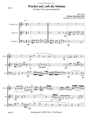 BWV 645 Wachet auf, ruft uns die Stimme (J.S. Bach) for BRASS TRIO (unaccompanied)