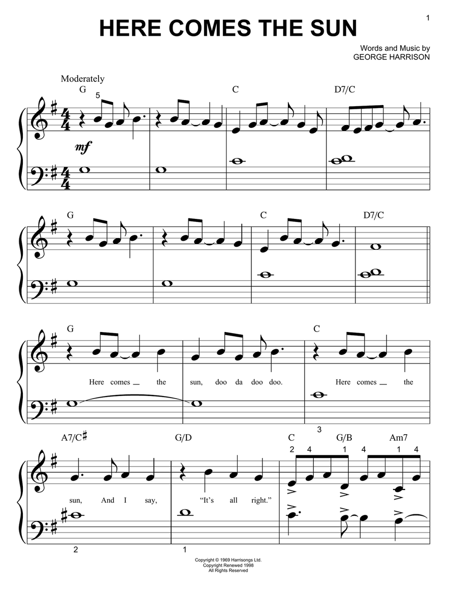 Here Comes The Sun Easy Piano scores gallery preview page 1