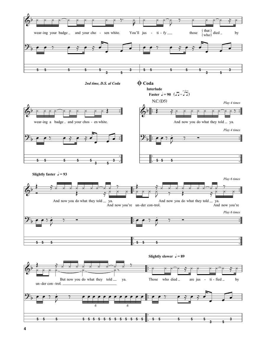 Killing In The Name Bass Guitar Tablature scores gallery preview page 4
