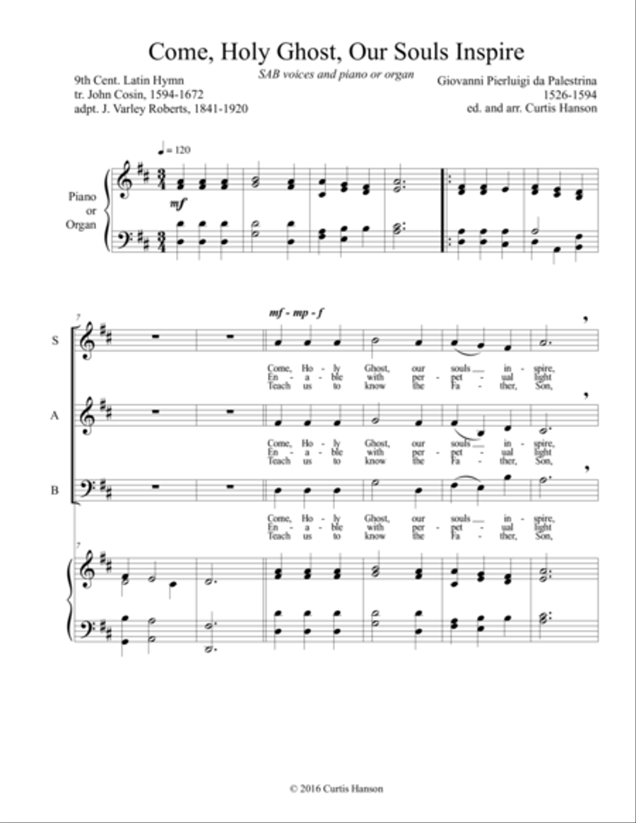Come, Holy Ghost, Our Souls Inspire (SAB) 3-Part scores gallery preview page 1