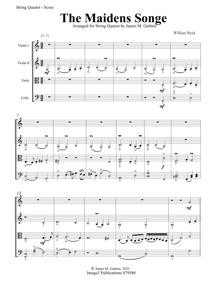 Byrd: The Maidens Songe for String Quartet - Score Only image number null