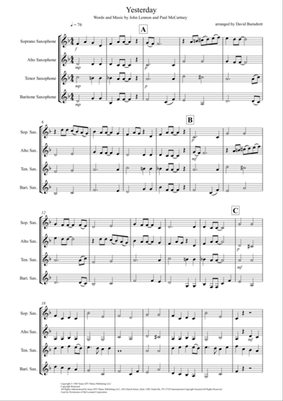 Yesterday Woodwind Quartet scores gallery preview page 1