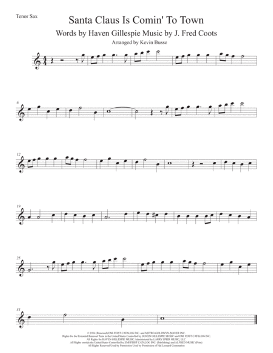 Santa Claus Is Comin' To Town Tenor Saxophone scores gallery preview page 1
