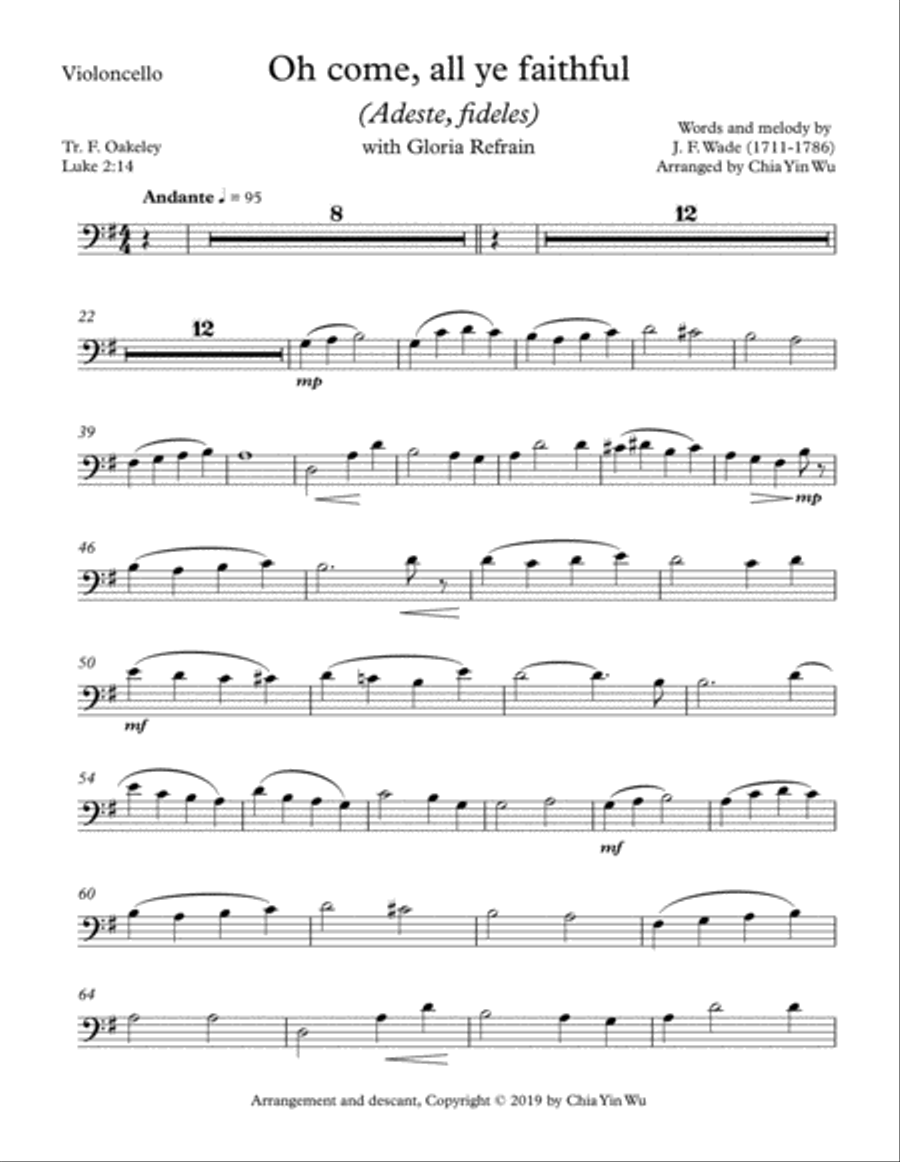 Oh Come, All Ye Faithful, with Gloria Refrain (Cello Part) Cello Solo scores gallery preview page 1