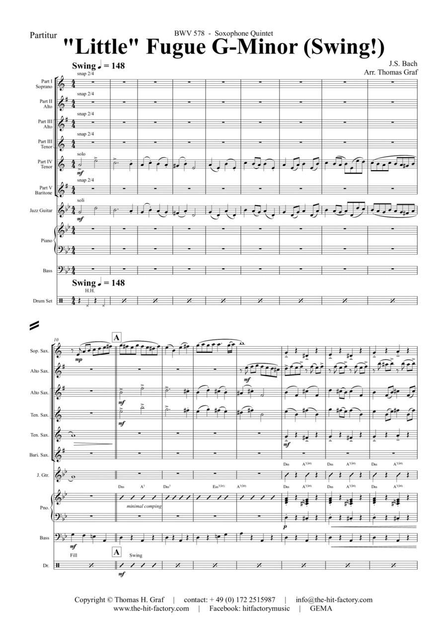 Fugue G Minor - Called The Little - BWV 578 - Swing - Saxophone Quintet Saxophone Quintet scores gallery preview page 1
