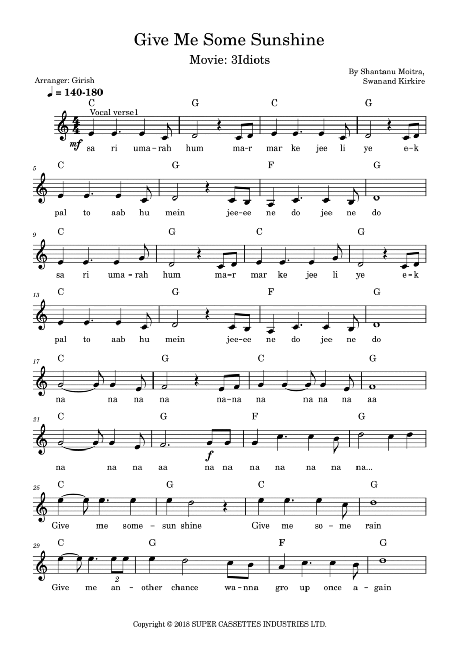 Give Me Some Sunshine Easy Piano scores gallery preview page 1
