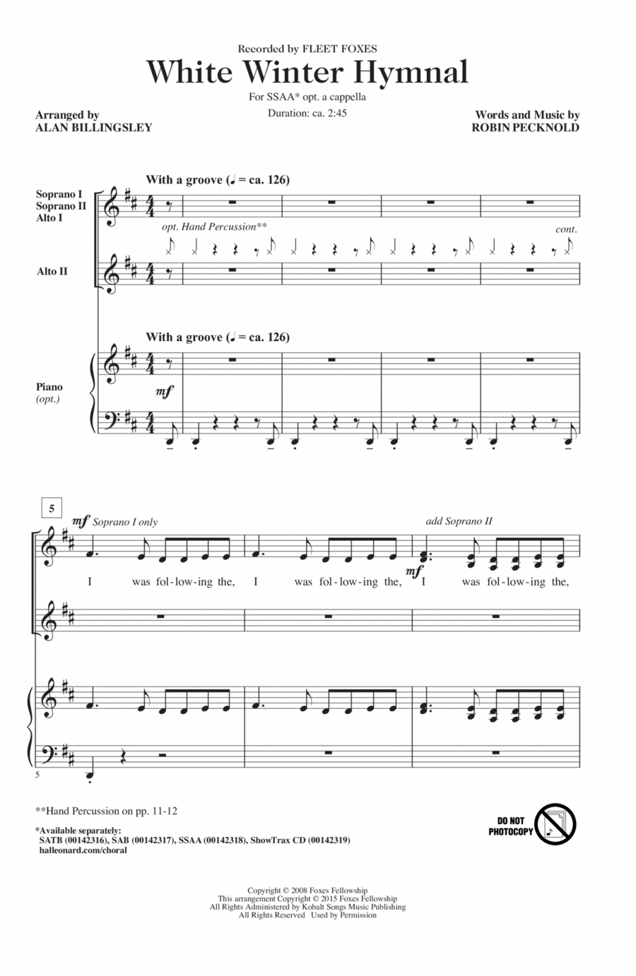 White Winter Hymnal (arr. Alan Billingsley) SSAA scores gallery preview page 1