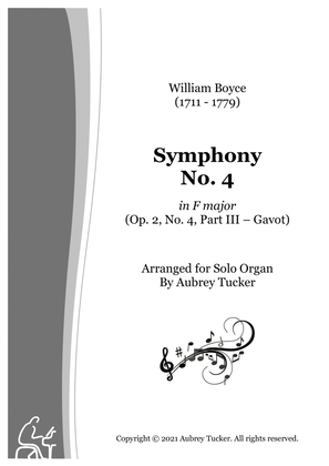 Book cover for Organ: Symphony No. 4 in F major (Op. 2, Part III - Gavot) - William Boyce