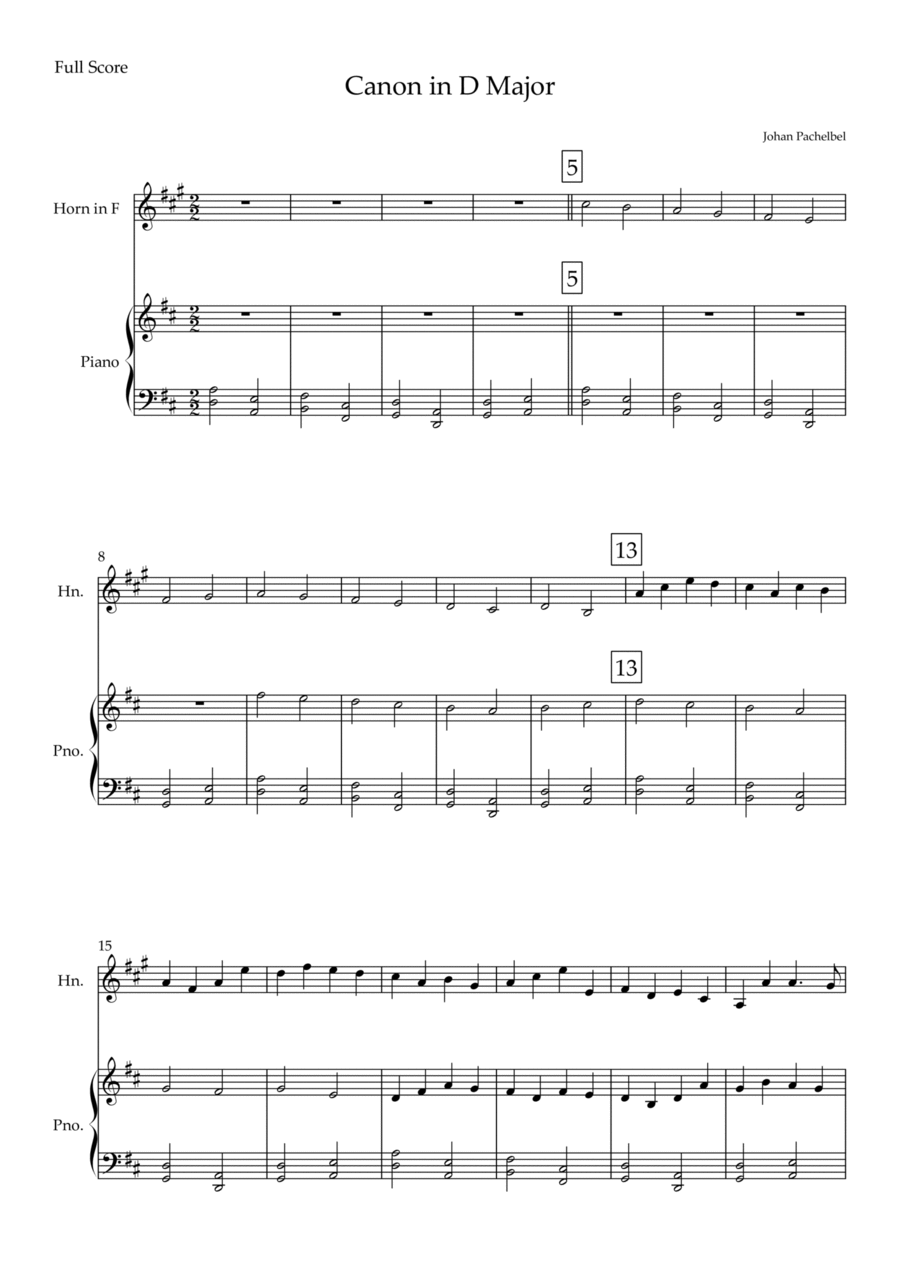 Canon in D Major (Johann Pachelbel) for Horn in F Solo and Piano Accompaniment Piano scores gallery preview page 1