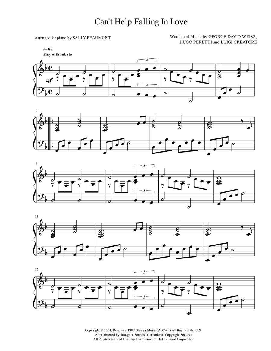 Can't Help Falling In Love Piano Solo scores gallery preview page 1