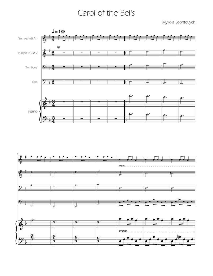 Carol of The Bells - Brass Quartet Brass Quartet scores gallery preview page 1