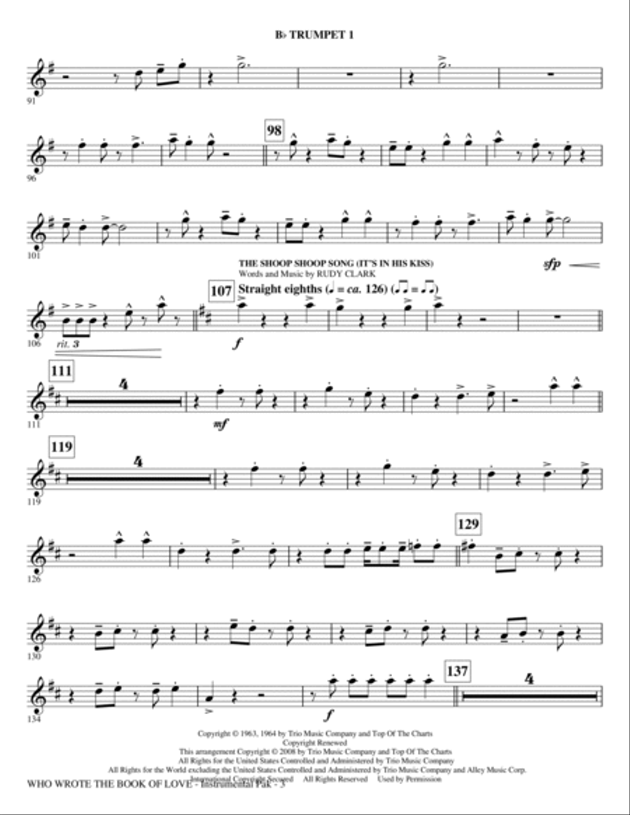 Who Wrote The Book Of Love? (Choral Medley) - Trumpet 1 Choir scores gallery preview page 3