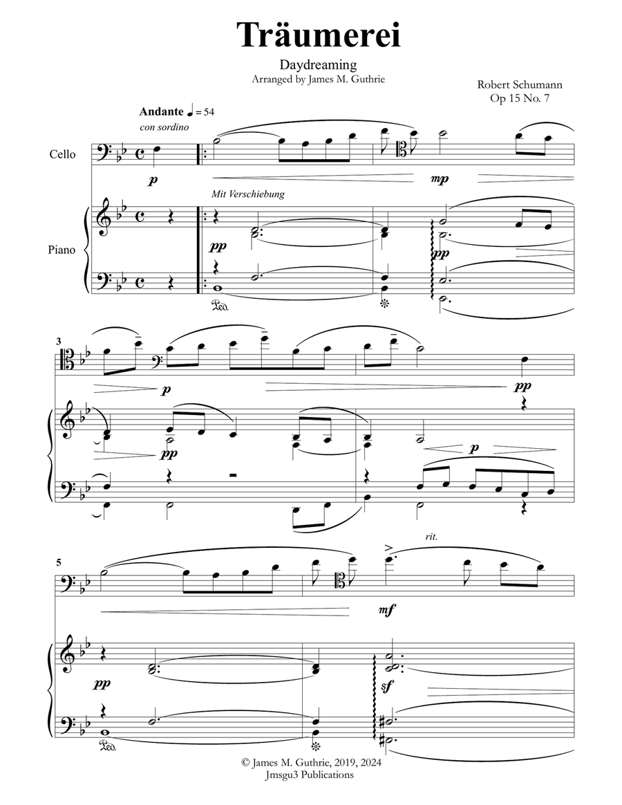 Schumann: Träumerei Op. 15 No. 7 for Cello & Piano Piano scores gallery preview page 1