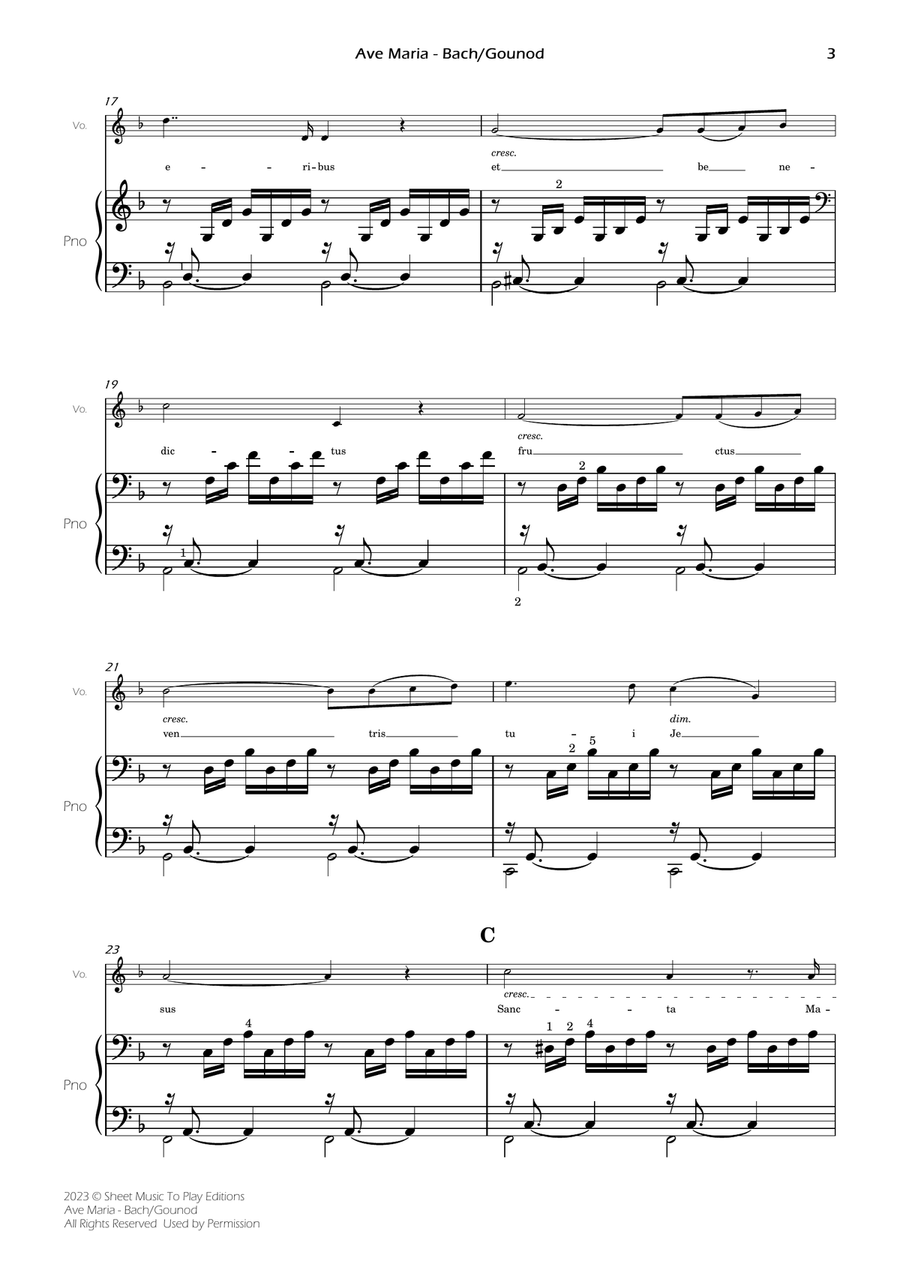 Ave Maria by Bach/Gounod - Voice and Piano - F Major (Full Score and Parts) Piano, Vocal scores gallery preview page 4