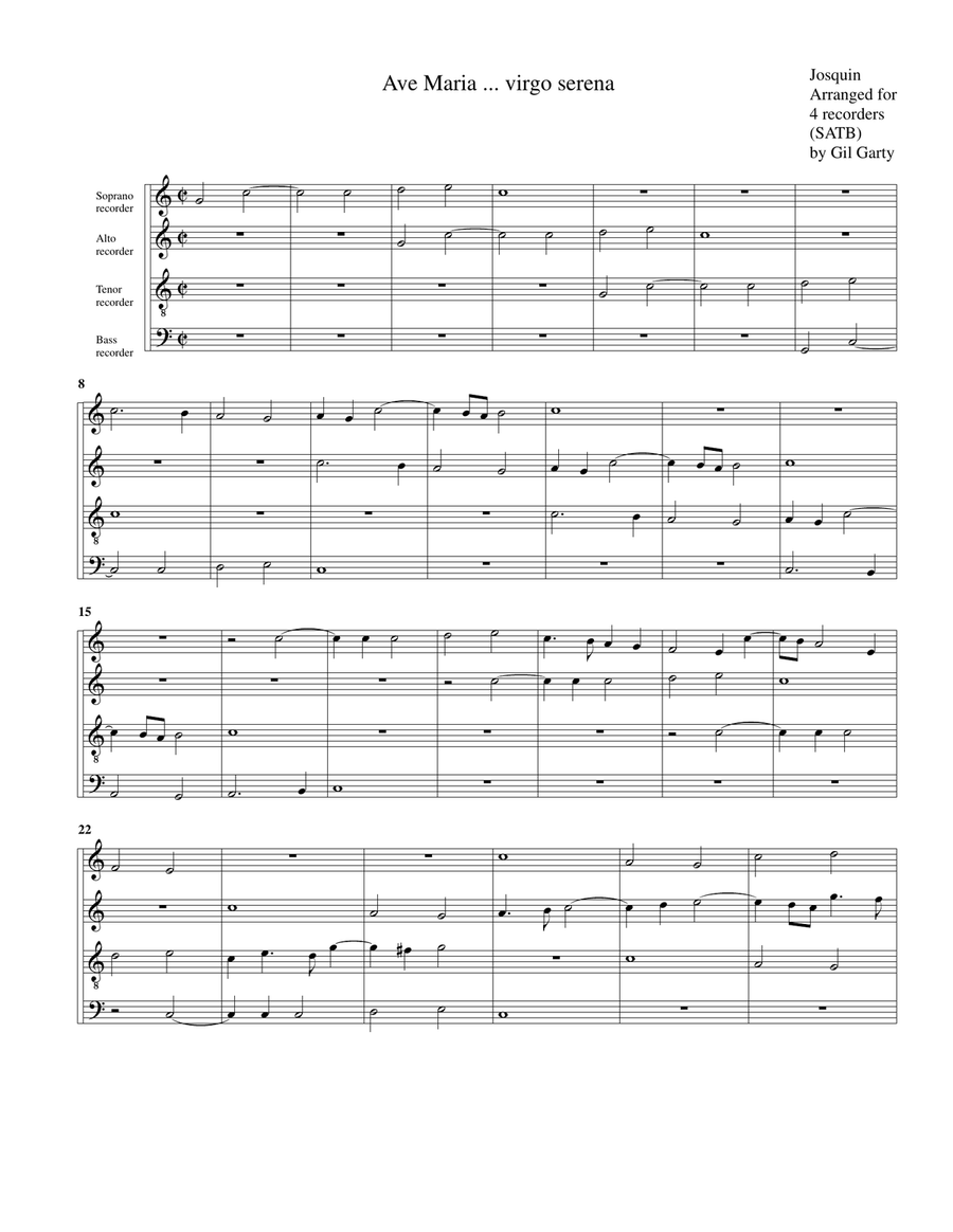 Ave Maria ... virgo serena (arrangement for 4 recorders) Recorder scores gallery preview page 1