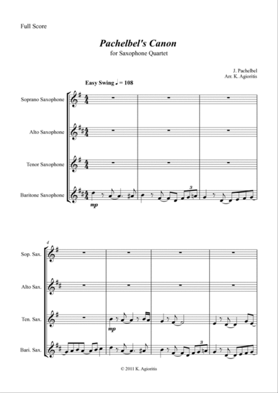 Pachelbel's Canon - in a Jazz Style - for Saxophone Quartet Saxophone Quartet scores gallery preview page 4