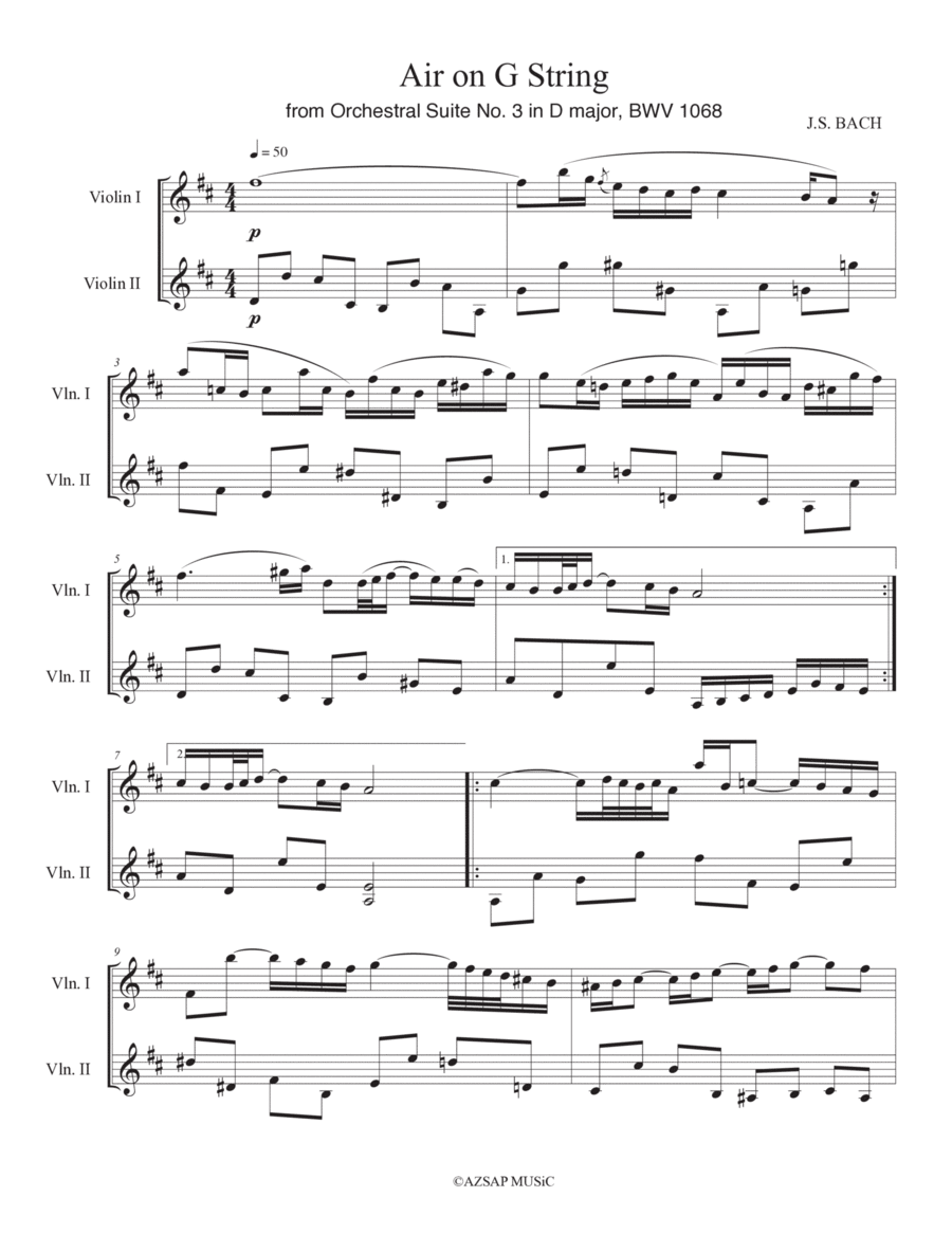 Air on G String from Orchestral Suite No. 3 in D major, BWV 1068 String Duet scores gallery preview page 1