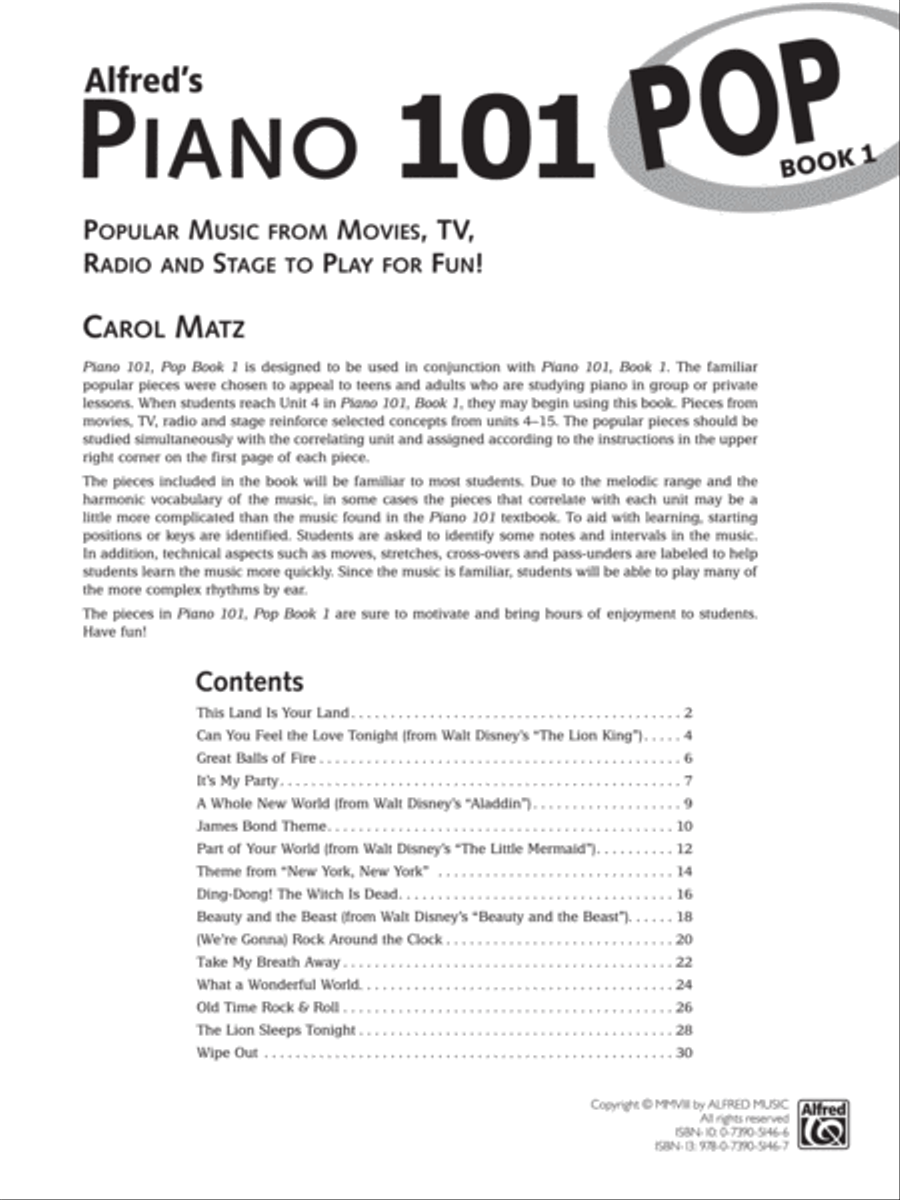 Alfred's Piano 101 Pop, Book 1 Piano Method scores gallery preview page 5