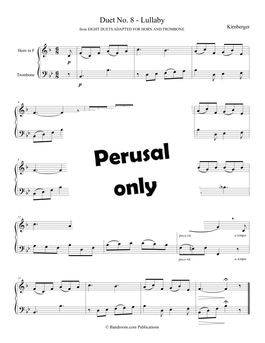 “Duet No. 8 - Lullaby” from EIGHT DUETS ADAPTED FOR HORN AND TROMBONE Brass Duet scores gallery preview page 1