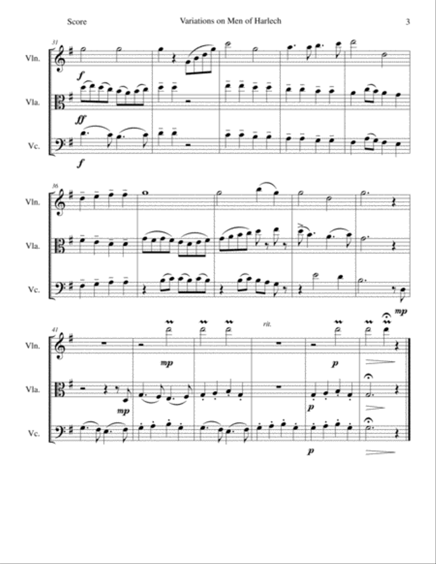Variations on Men of Harlech (Rhyfelgyrch Gwŷr Harlech ) arrangement for string trio String Trio scores gallery preview page 3