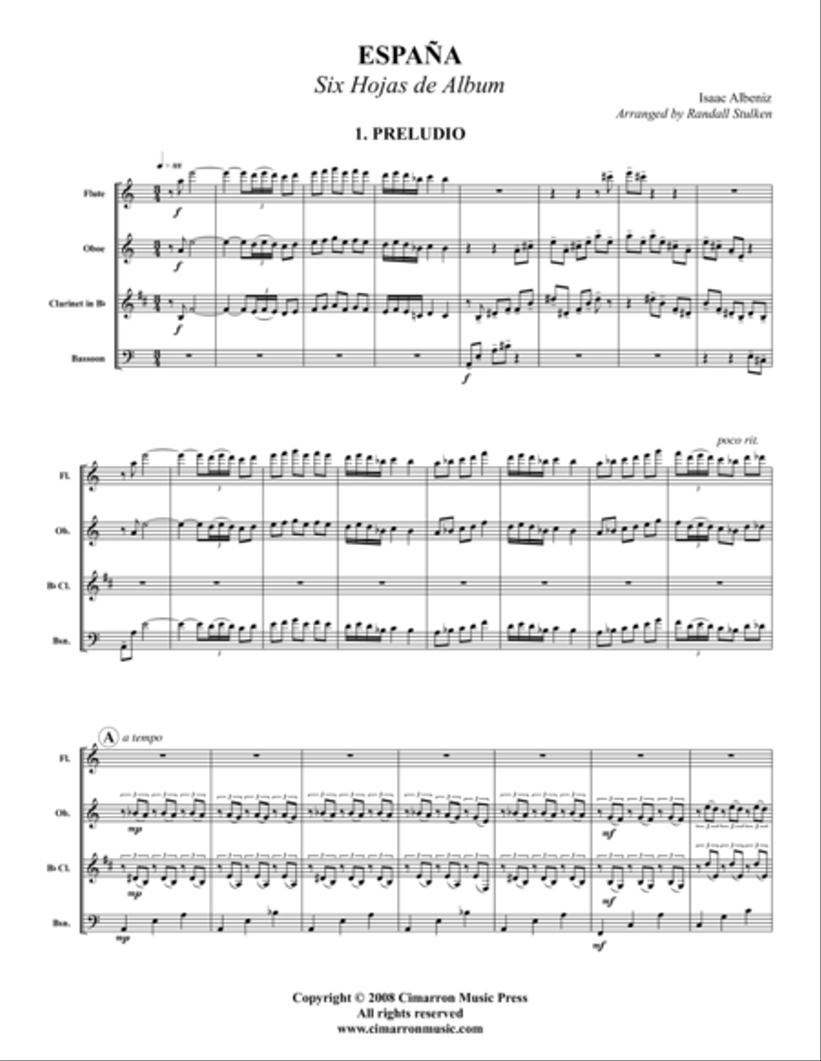 Espana (Six Hojas de Album) Woodwind Quartet scores gallery preview page 1