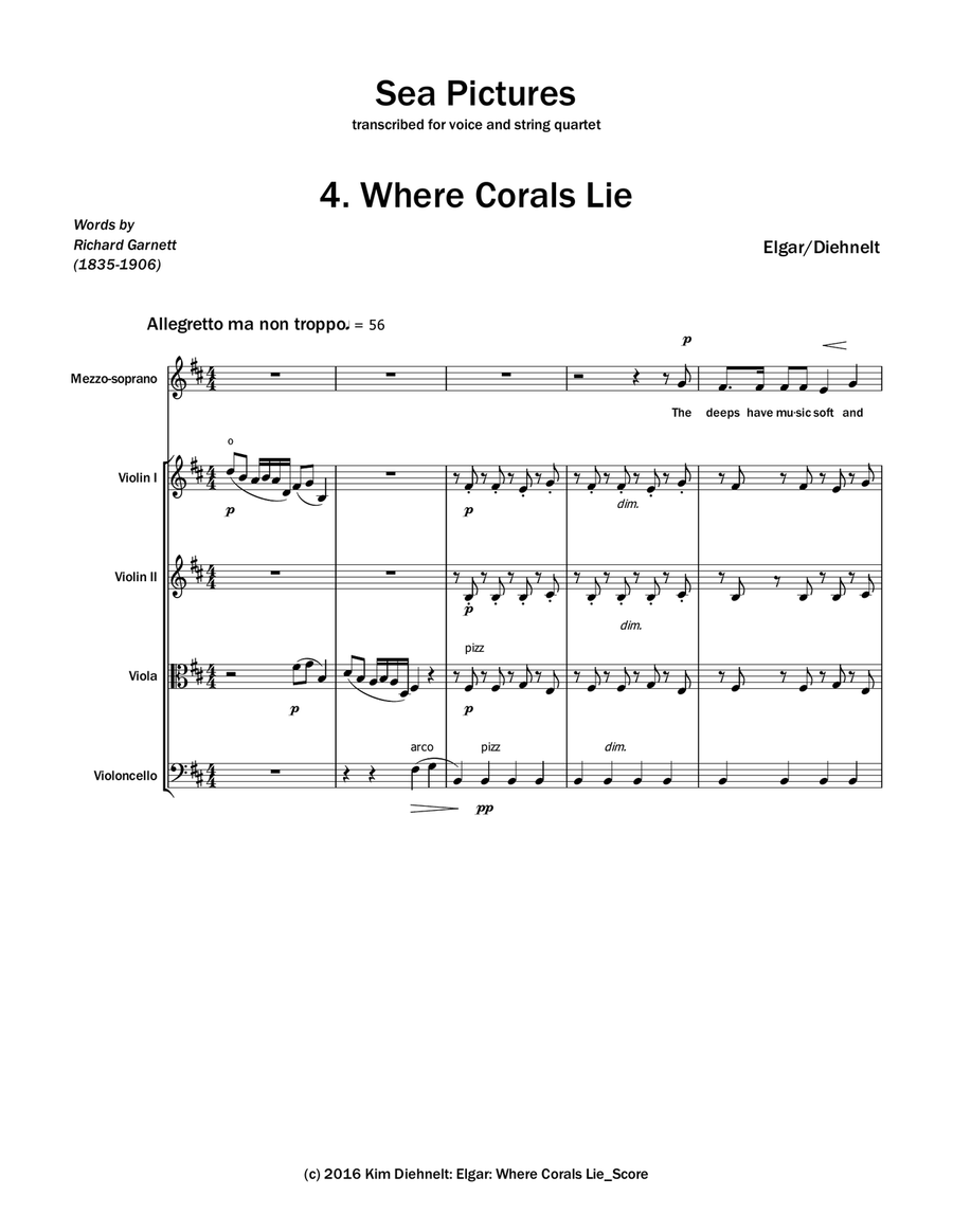 Elgar: Where Corals Lie from Sea Pictures (Arr. Voice and String Quartet) String Quartet scores gallery preview page 2