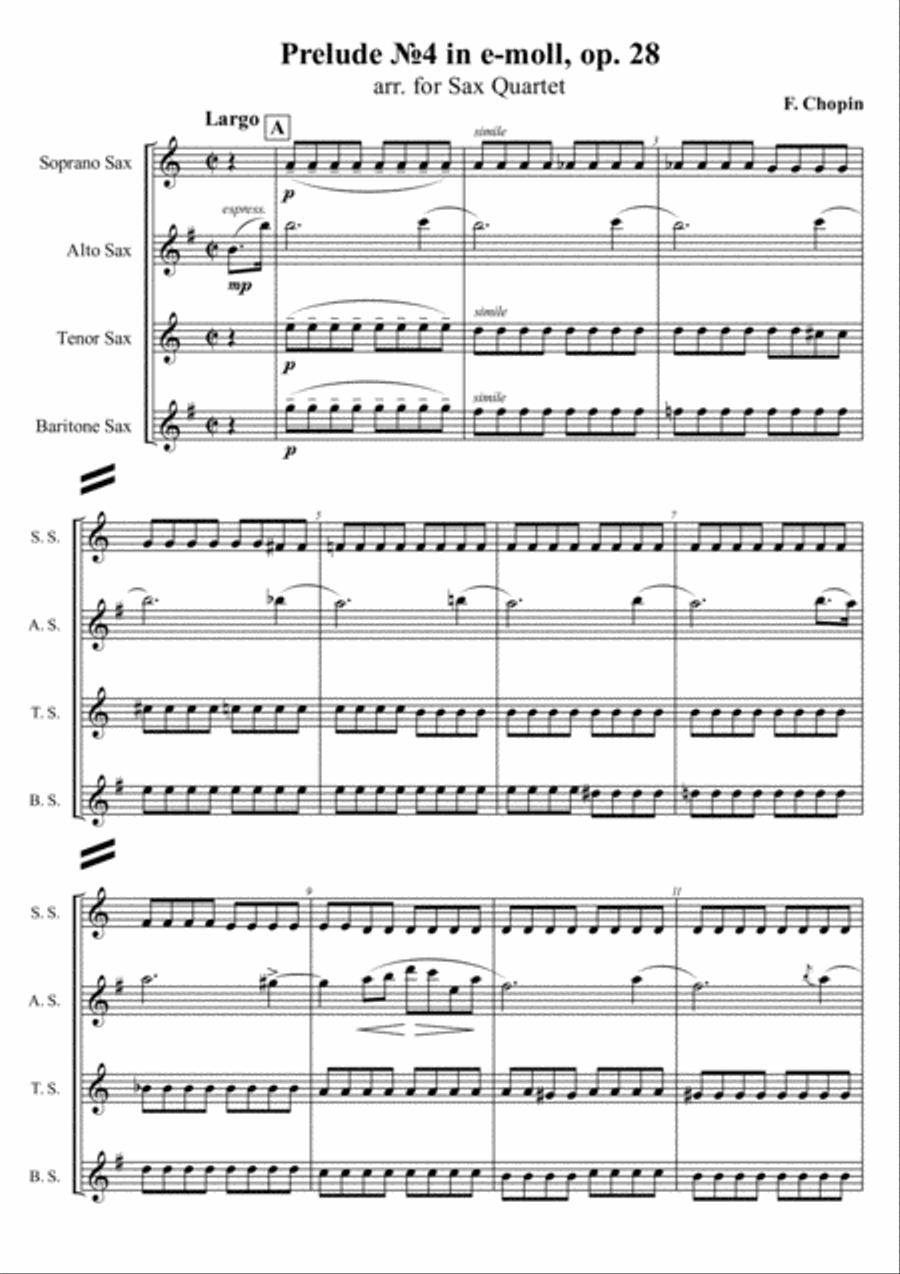 F. Chopin - Prelude №4 in e-moll, op. 28, arr. for Sax Quartet Saxophone Quartet scores gallery preview page 1