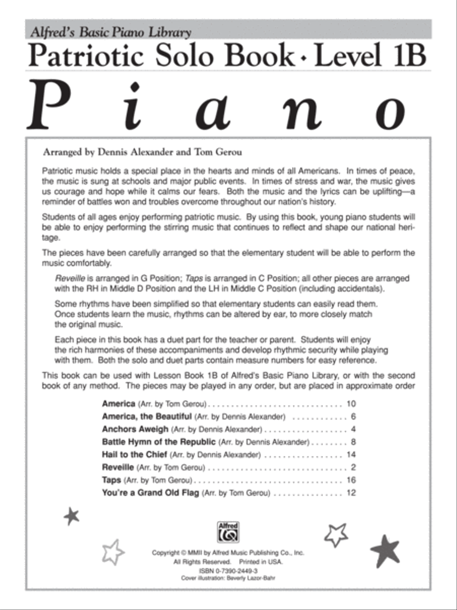 Alfred's Basic Piano Course Patriotic Solo Book, Level 1B