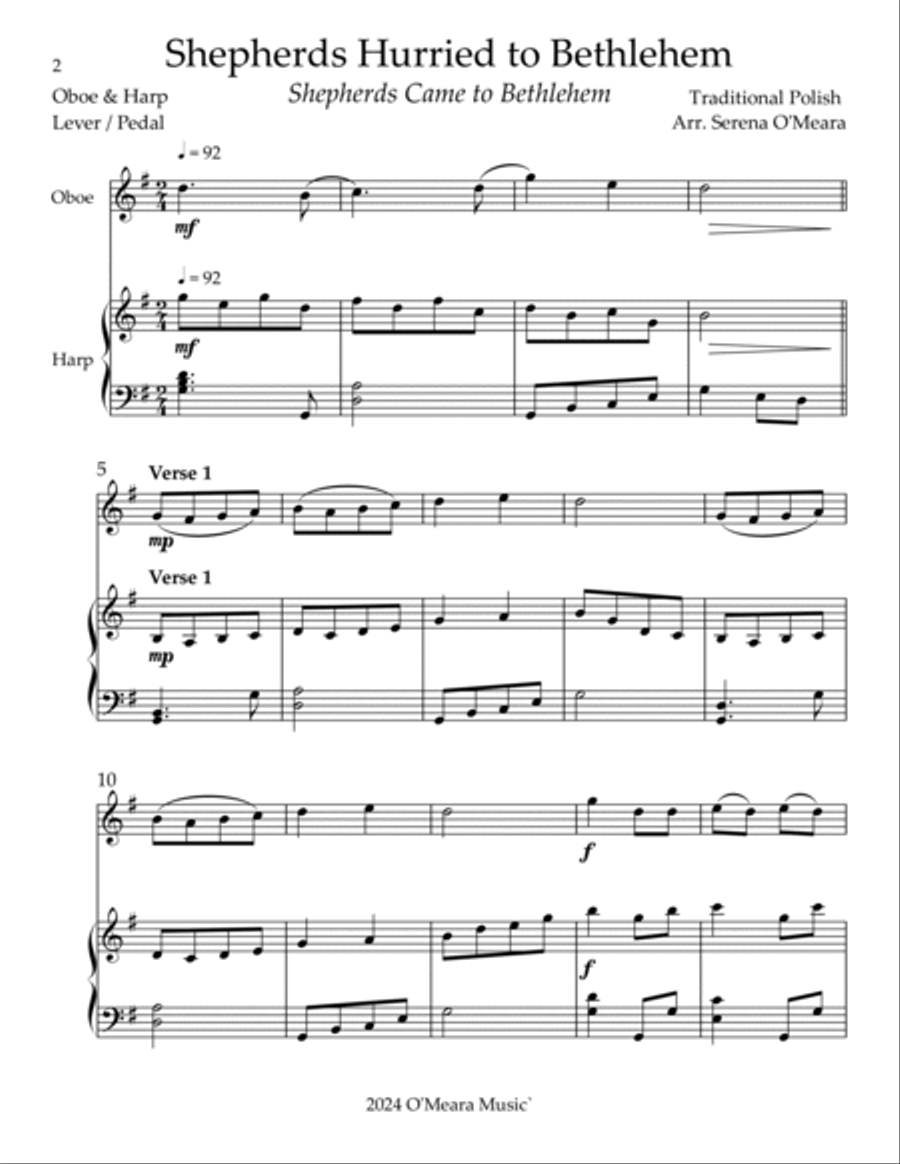 Shepherds Hurried to Bethlehem, Duet for Oboe & Harp Oboe scores gallery preview page 2