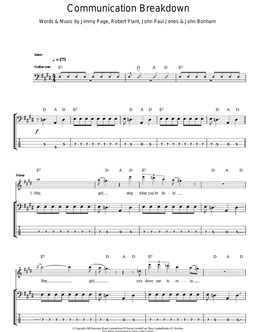Communication Breakdown Communication Breakdown Bass Guitar Tablature scores gallery preview page 1