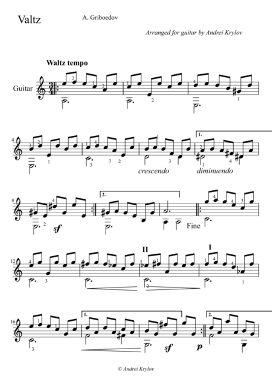 Valse, Waltze, by Griboyedov, Aleksandr, arrangement for classical guitar by Andrei Krylov Acoustic Guitar scores gallery preview page 1