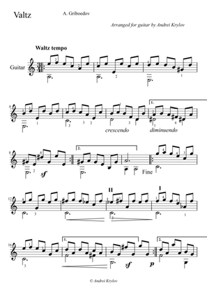 Valse, Waltze, by Griboyedov, Aleksandr, arrangement for classical guitar by Andrei Krylov
