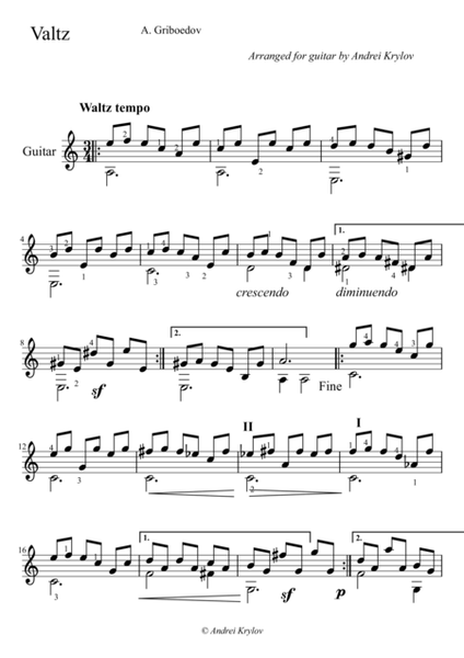 Valse, Waltze, by Griboyedov, Aleksandr, arrangement for classical guitar by Andrei Krylov image number null