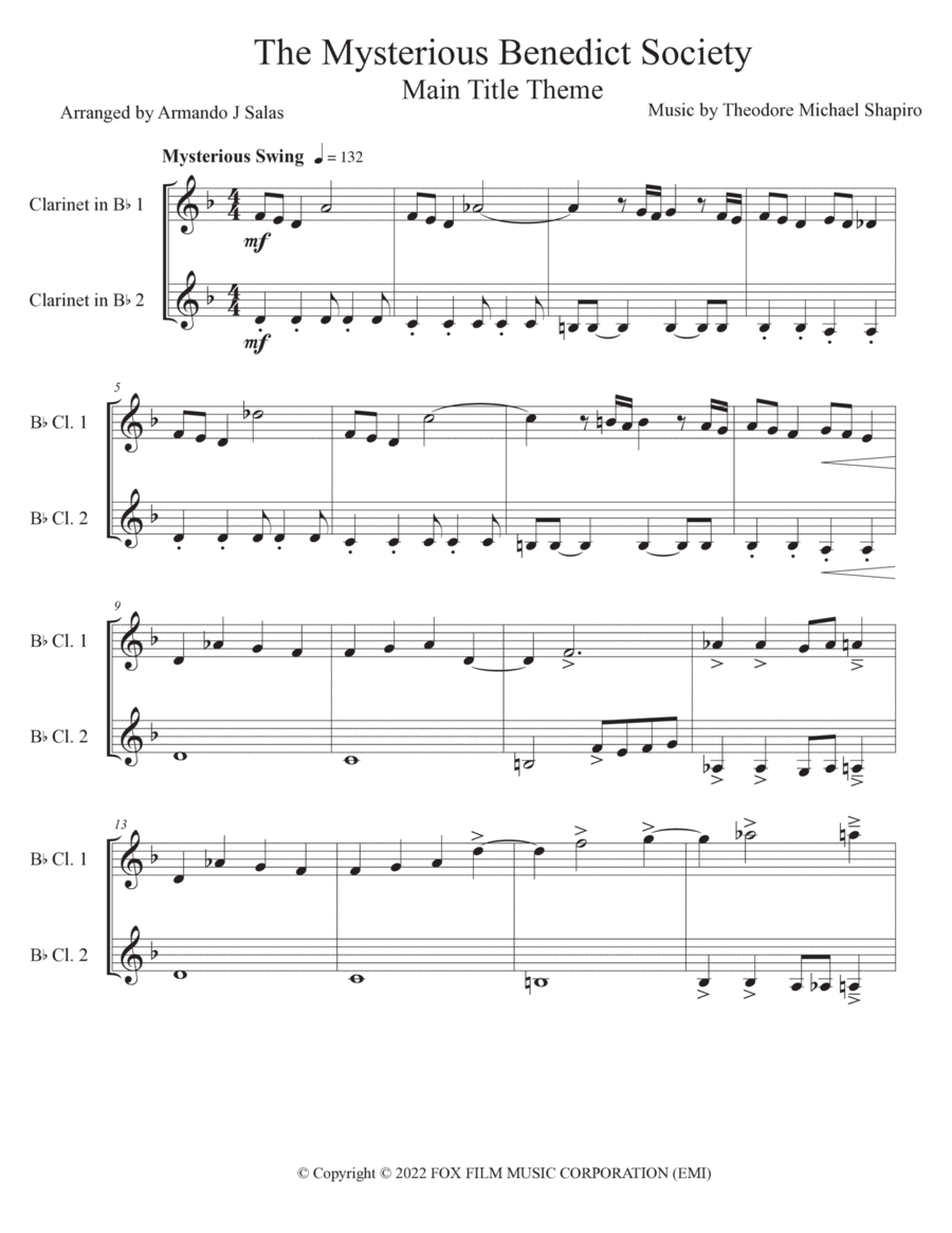 The Mysterious Benedict Society Main Title Theme Clarinet Duet scores gallery preview page 1