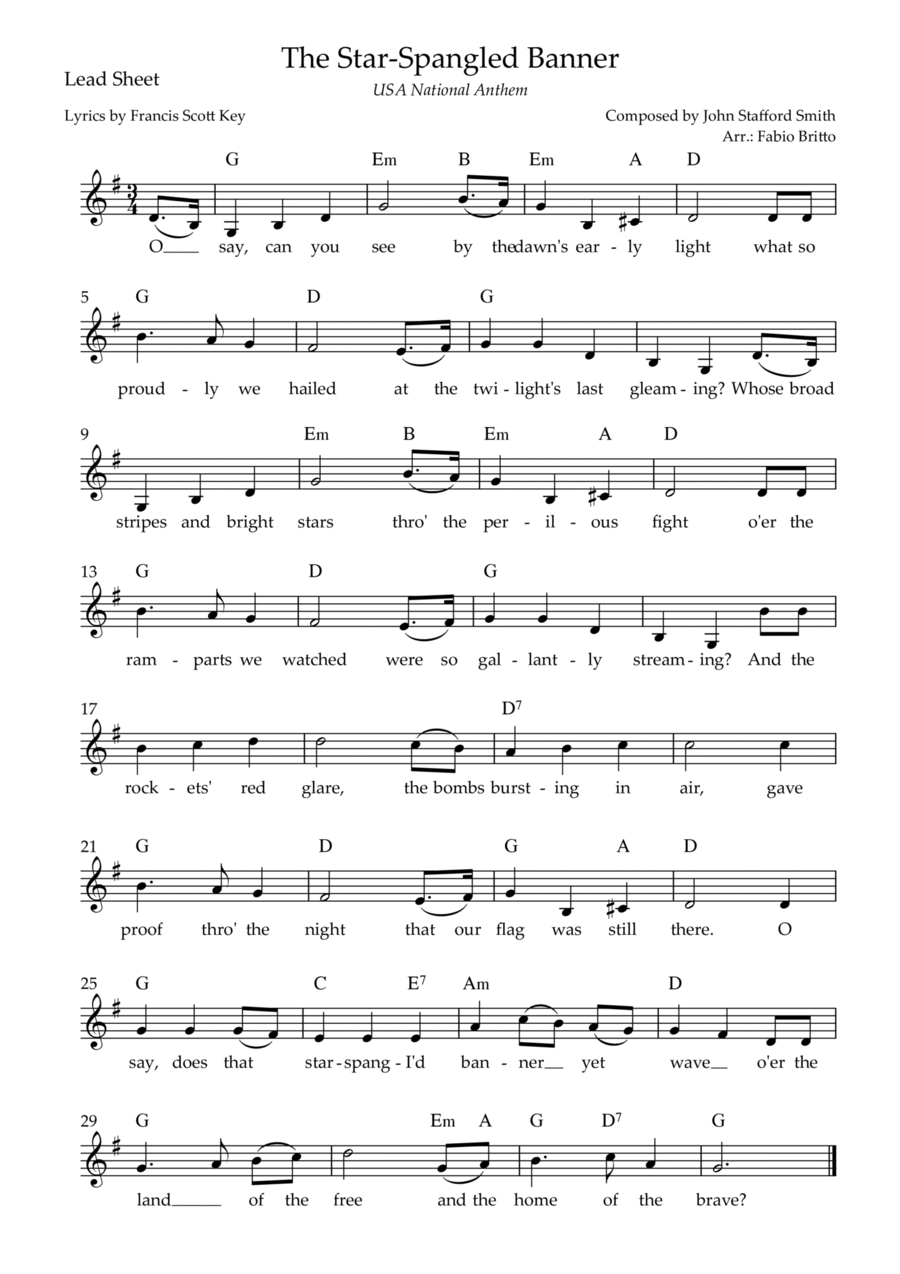 The Star Spangled Banner (USA National Anthem) Lead Sheet (G Major) Piano scores gallery preview page 1